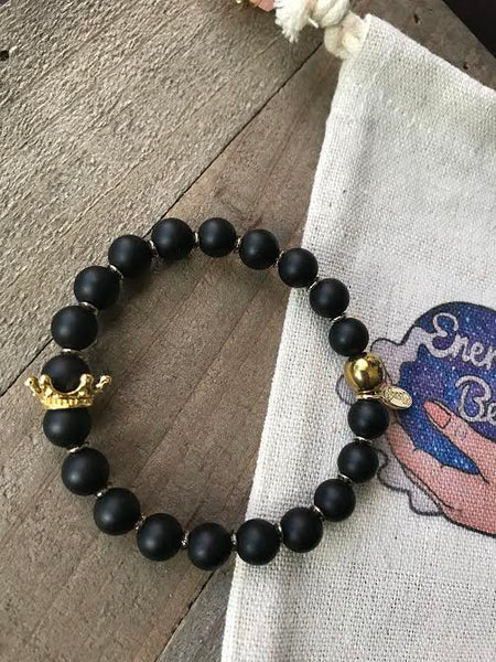 Black Onyx & Gold Crown Energy Beaded Bracelet