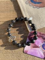 Black Lava & Silver Lotus Flower Energy Beaded Bracelet
