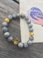 Grey & Gold Lion Head Energy Beaded Bracelet