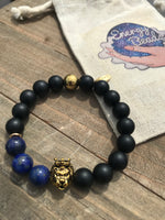 Black, Blue & Gold Crowned Lion Head Energy Beaded Bracelet