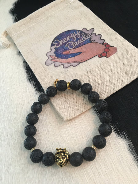 Black Lava Rock, Onyx & Gold Crowned Lion Head Energy Beaded Bracelet