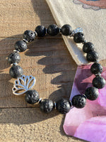 Black Lava & Silver Lotus Flower Energy Beaded Bracelet