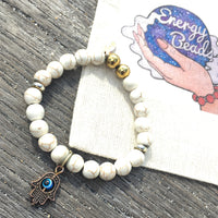 White Howlite & Gold Hamsa Hand Energy Beaded Bracelet