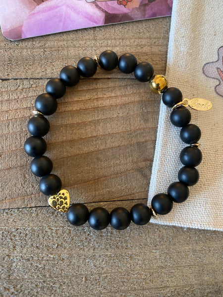 Black Onyx & Gold Heart Energy Beaded Bracelet