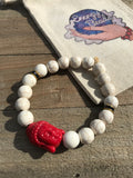 White Howlite & Red Buddha Head Energy Beaded Bracelet