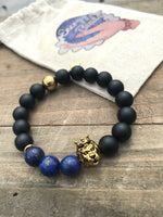 Black, Blue & Gold Crowned Lion Head Energy Beaded Bracelet