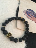 Black Lava Rock, Onyx & Gold Crowned Lion Head Energy Beaded Bracelet