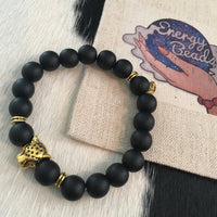 Black Onyx & Gold Panther Head Energy Beaded Bracelet